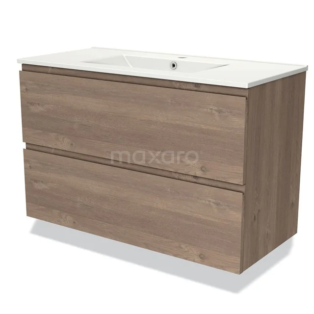 Badmöbel 100cm Modulo mittelbraune Eiche 2 Schubladen griffloses Waschbecken Keramik BMW17-03665 Holz Badezimmermöbel mit zwei Schubladen, Naturholzoptik und weißem Waschbecken; modernes Design für ein stilvolles Badezimmer.