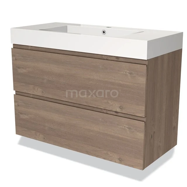 Modulo Vanity units with basin | 100 cm Mid brown oak Handle-less front Mineral marble 2 Stacked drawers BMW17-03666