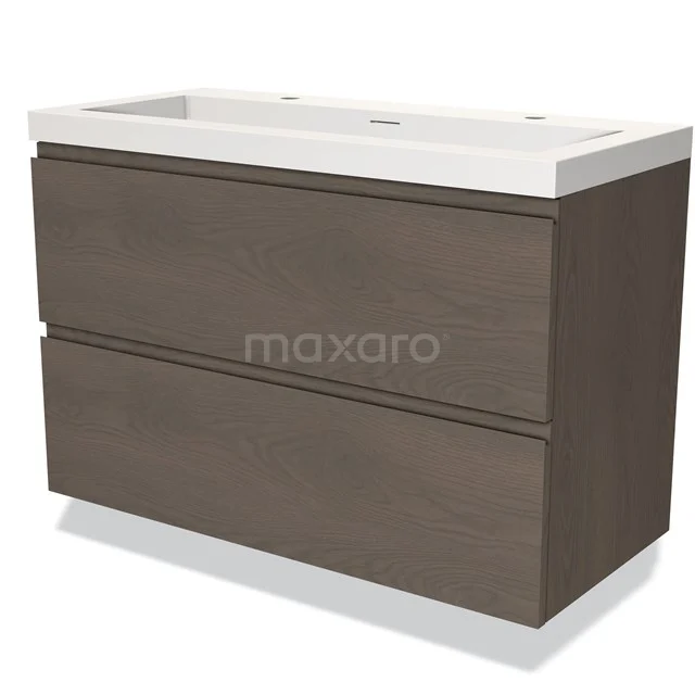 Badmöbel 100cm Modulo dunkelbraune Eiche 2 Schubladen Griffloses Waschbecken Solid Surface BMW17-03675 Holz-Badmöbel in dunkler Eiche mit weißem Waschbecken, modernes Design, zwei geräumige Schubladen für stilvollen Stauraum.