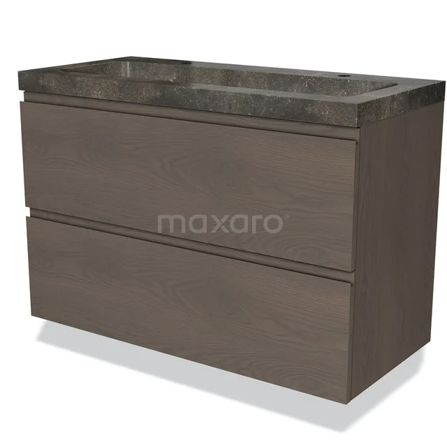 Modulo Bathroom furniture with sink | 100 cm Dark brown oak Handle-less front Natural stone 2 Stacked drawers BMW17-03678 Bathroom unit wood-look with two drawers and dark grey basin worktop, modern design and lots of storage space.