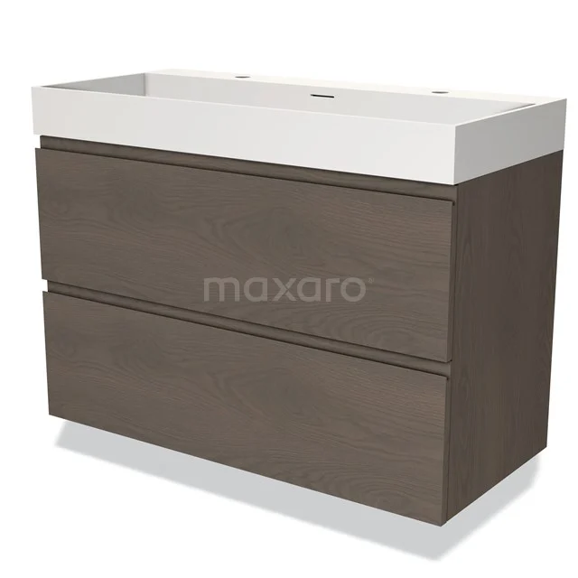 Modulo Vanity units with basin | 100 cm Dark brown oak Handle-less front Solid surface 2 Stacked drawers BMW17-03679