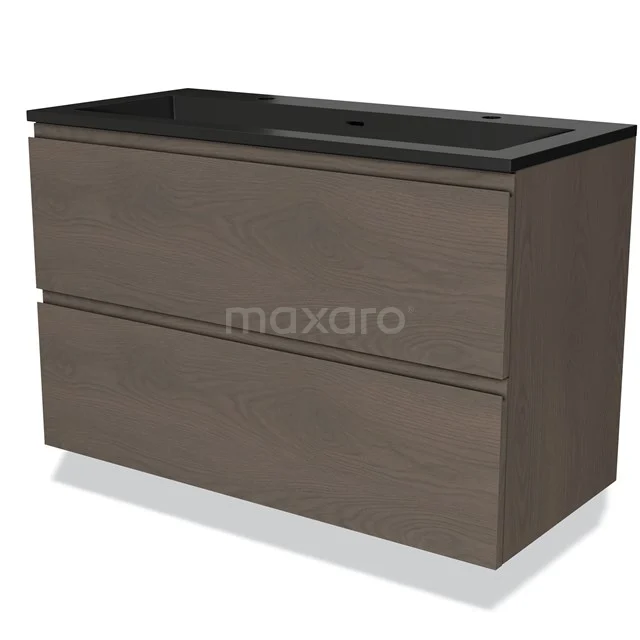 Badmöbel 100cm Modulo Dunkelbraune Eiche 2 Schubladen Griffloses Waschbecken Quarz BMW17-03681 Holz Badezimmermöbel mit zwei Schubladen, dunklem Waschbecken und moderner Ausführung, ideal für eine stilvolle Badezimmergestaltung.
