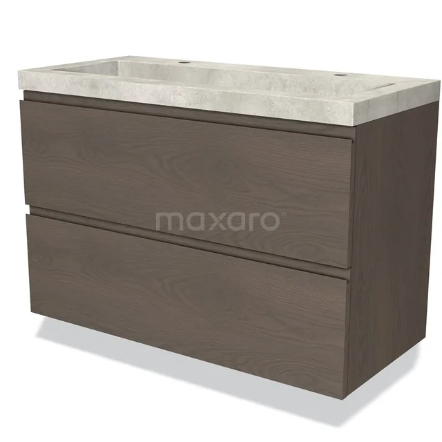 Modulo Bathroom furniture with sink | 100 cm Dark brown oak Handle-less front Concrete 2 Stacked drawers BMW17-03682 Wooden bathroom unit with two drawers, concrete-look basin and sleek design, ideal for modern bathroom design.