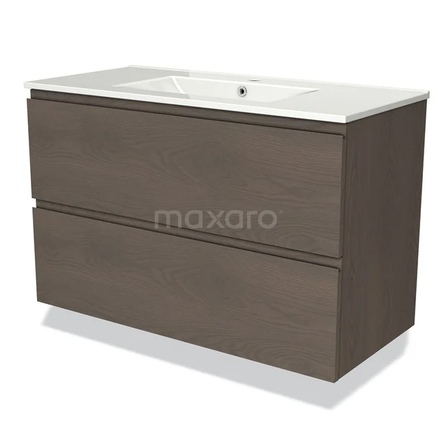 Modulo Vanity units with basin | 100 cm Dark brown oak Handle-less front Ceramic 2 Stacked drawers BMW17-03684