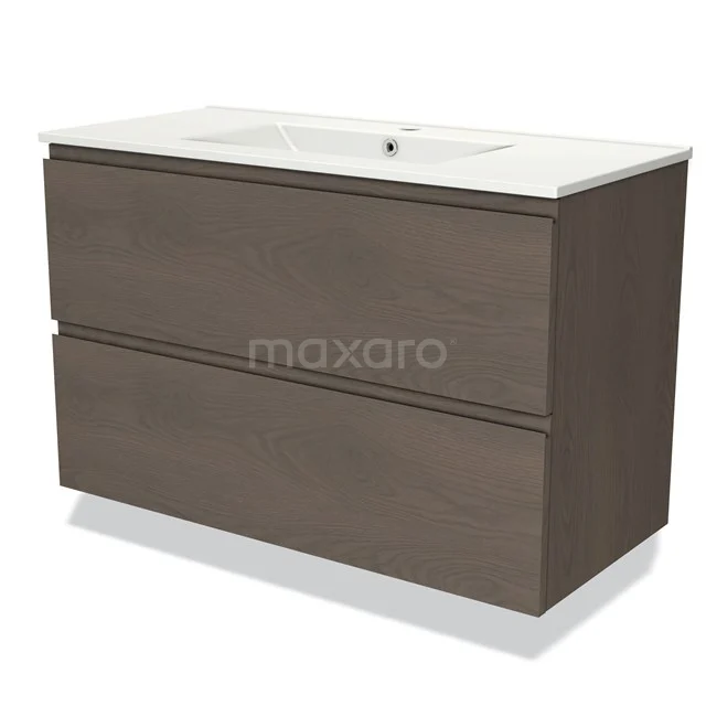 Modulo Waschtische | 100 cm Dunkelbraune Eiche Grifflos front Keramik 2 übereinanderliegende Schubladen BMW17-03685 Badezimmermöbel Holzoptik mit zwei Schubladen, weißes keramisches Waschbecken, modernes Design für stilvolle Badezimmergestaltung.