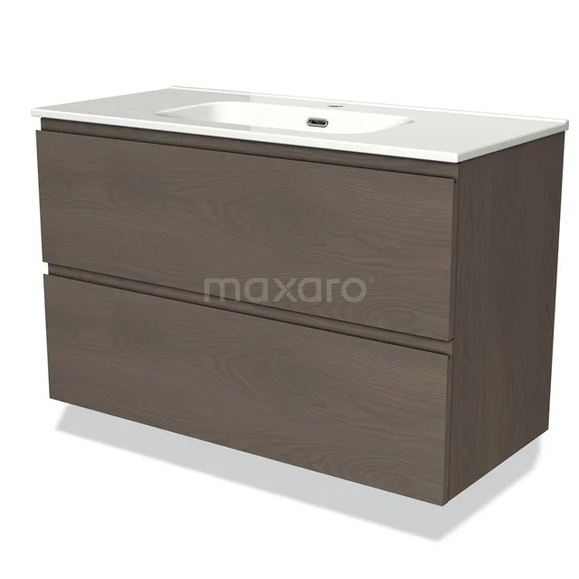 Modulo Vanity units with basin | 100 cm Dark brown oak Handle-less front Ceramic 2 Stacked drawers BMW17-03687