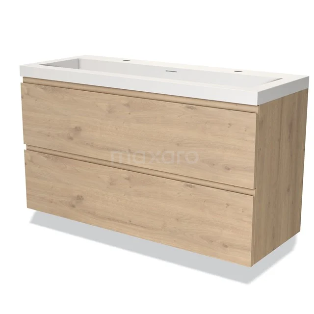 Hölzernes Badezimmermöbel mit doppelter Schublade und weißem Waschbecken, modernes Design aus Naturholz für stilvolle Badezimmer.