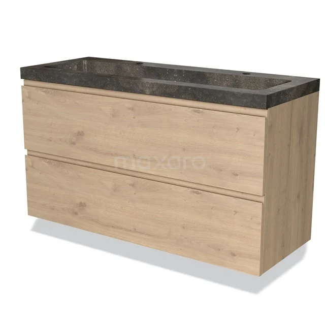 Holz-Badmöbel mit zwei breiten Schubladen, dunkler Stein-Waschtischplatte und modernem Design, ideal für stilvolle Bäder.
