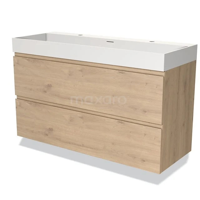Wooden bathroom unit with two drawers, light Oak colour, and white basin worktop, modern and sleek design.