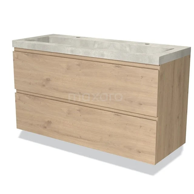 Wooden bathroom unit with two drawers, light oak look, and integrated vanity units with basin made of natural stone, modern and sleek design.