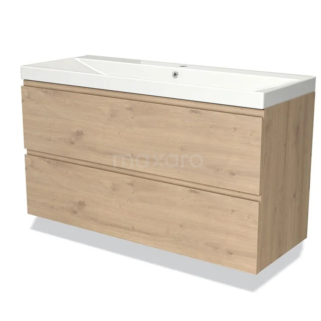 Houten wastafelmeubel met lichte eiken uitstraling, voorzien van twee lades en keramische wasbak, ideaal voor een moderne badkamer.