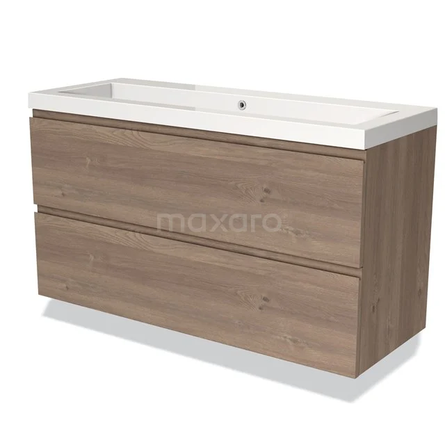 Modulo Vanity units with basin | 120 cm Mid brown oak Handle-less front Mineral marble 2 Stacked drawers BMW17-03701