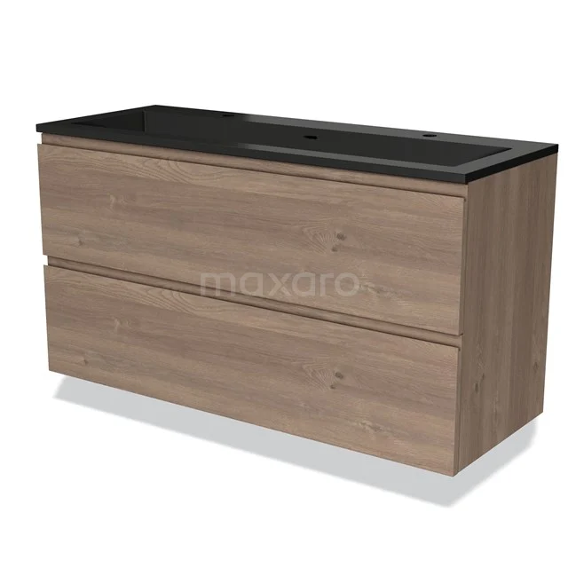 Wooden bathroom unit with two drawers and black basin worktop, modern design from the eco line, ideal for stylish bathrooms.