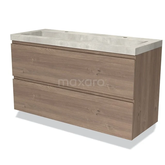 Modulo Vanity units with basin | 120 cm Mid brown oak Handle-less front Concrete 2 Stacked drawers BMW17-03711