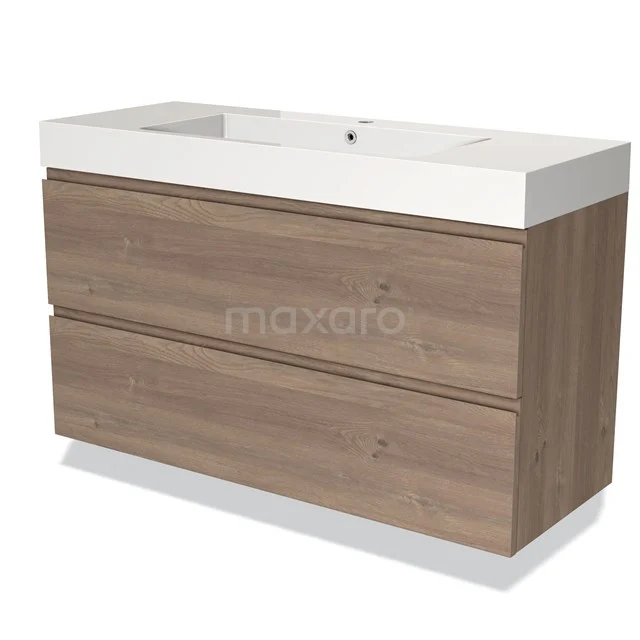 Modulo Vanity units with basin | 120 cm Mid brown oak Handle-less front Mineral marble 2 Stacked drawers BMW17-03713