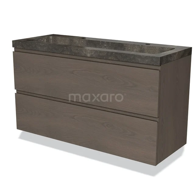 Wooden bathroom unit with dark grey basin worktop, two drawers and a modern look, ideal for stylish bathrooms.