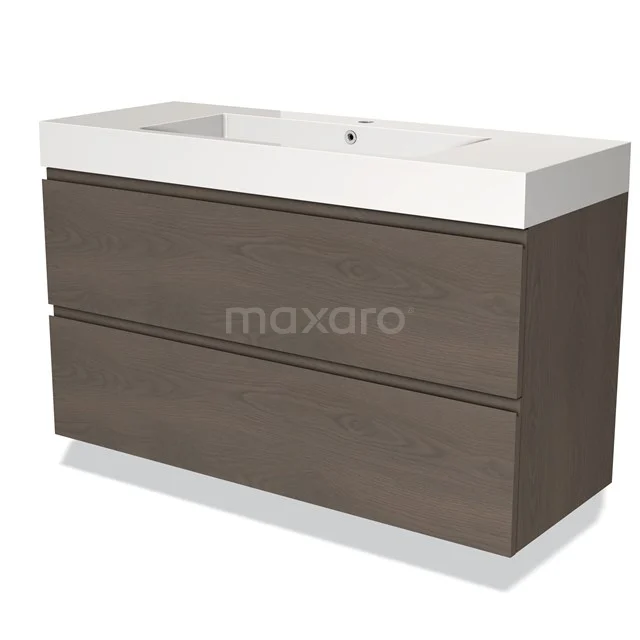 Modulo Bathroom furniture with sink | 120 cm Dark brown oak Handle-less front Mineral marble 2 Stacked drawers BMW17-03726 Wooden bathroom unit with two drawers and white ceramic basin, modern design for stylish bathroom decoration.