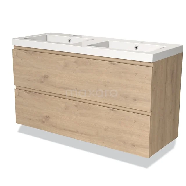 Houten dubbele wastafel met twee lades, licht eiken afwerking, ideaal voor een moderne badkameropstelling.