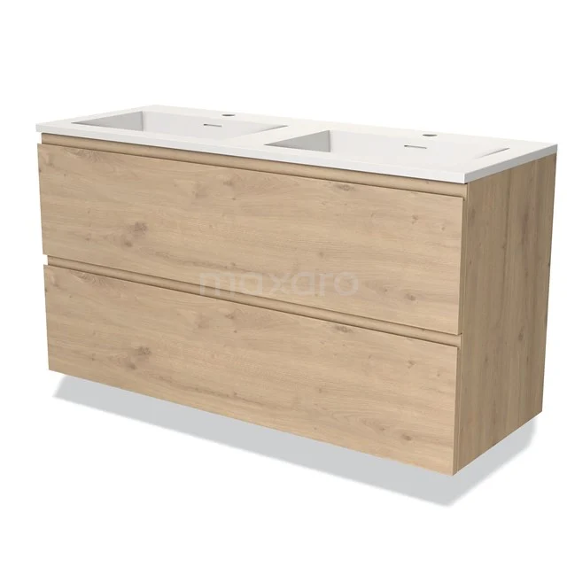Modulo Waschtische | 120 cm Hellbraune Eiche Grifflos front Solid Surface 2 übereinanderliegende Schubladen BMW17-03732 Holz Badezimmermöbel mit Doppelwaschbecken, heller Eiche Oberflächenbehandlung, zwei Schubladen und modernem, klarem Design.