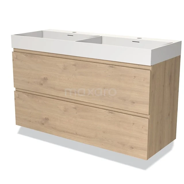 Houten badkamermeubel met dubbele witte wastafel, modern design, ladefronten met houtnerfstructuur.