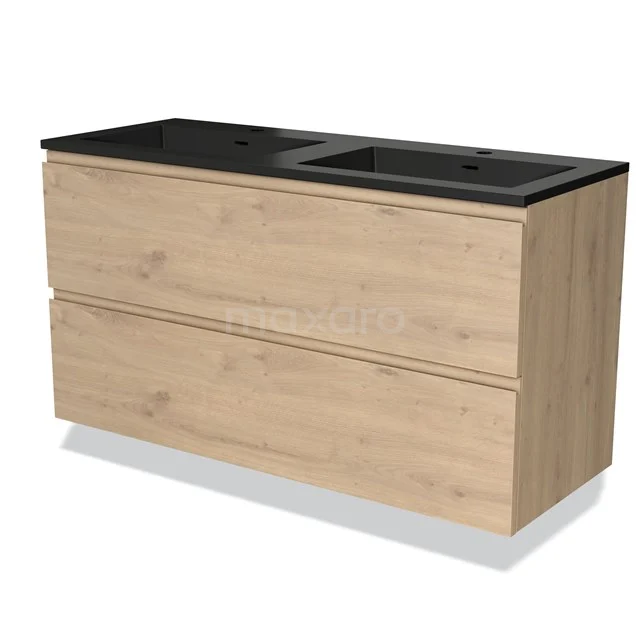 Houten badkamermeubel met zwart dubbele wastafel, minimalistisch design, twee lades, geschikt voor moderne badkamers.