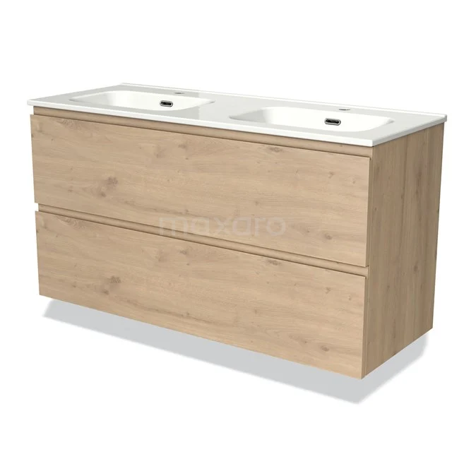 Houten dubbele badkamermeubel met wasbakken, moderne eikenhouten afwerking en twee brede lades voor praktische opbergruimte.