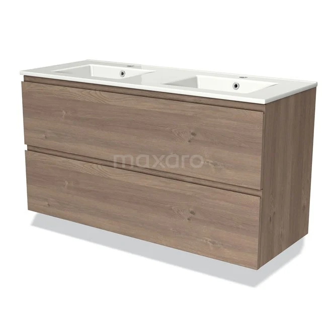 Badmöbel 120cm Modulo Mittelbraune Eiche 2 Schubladen Griffloses Waschbecken Keramik BMW17-03741 Holz Badezimmermöbel mit Doppelwaschbecken, moderne Ausstrahlung, Eichenholz-Finish, ideal für eine stilvolle Badezimmergestaltung.