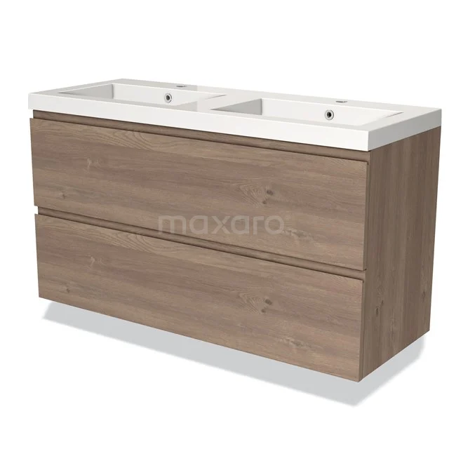 Modulo Vanity units with basin | 120 cm Mid brown oak Handle-less front Mineral marble 2 Stacked drawers BMW17-03743
