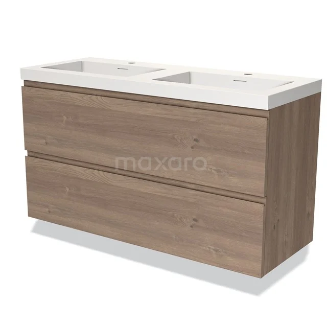 Wooden double vanity unit with white ceramic sink, modern design look for bathroom storage.