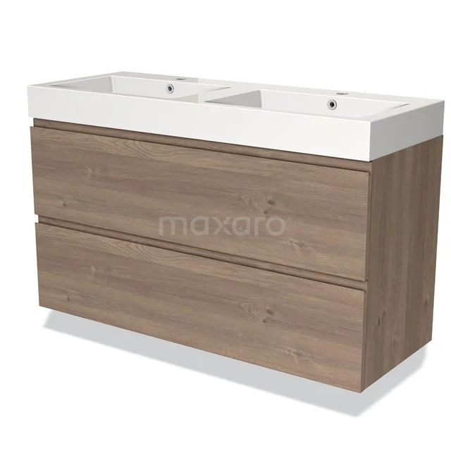 Holz Badmöbel mit Doppelwaschbecken, Eiche-Look, modernes Design, geräumige Schubladen, ideal für ein modernes Badezimmer.