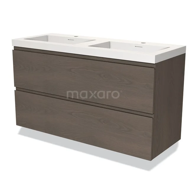 Modulo Waschtische | 120 cm Dunkelbraune Eiche Grifflos front Solid Surface 2 übereinanderliegende Schubladen BMW17-03759 Doppelwaschbecken, Holzoptik braun, mit weißem Keramikwaschbecken, ideal für ein modernes Badezimmer.