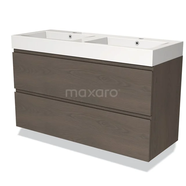 Double vanity unit with dark wood drawer front and white ceramic sink, perfect for modern bathrooms.