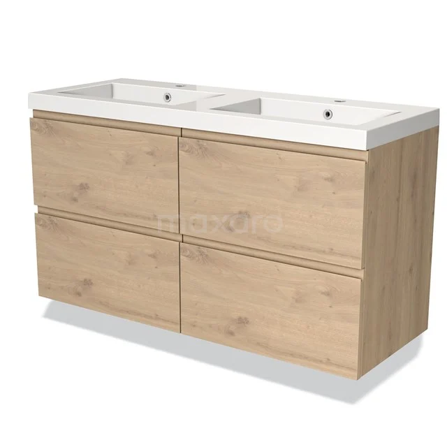 Badmöbel 120cm Modulo Hellbraune Eiche 4 Schubladen Griffloses Waschbecken Mineralguss BMW18-00810 Hölzernes Badezimmermöbel mit Doppelwaschbecken, vier Schubladen und einer natürlichen Ausstrahlung, ideal für moderne Bäder.