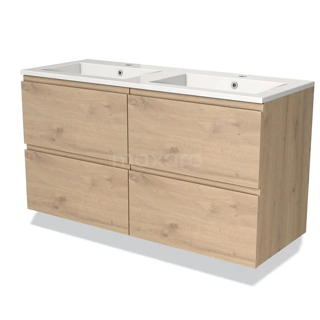 Badmöbel 120cm Modulo Hellbraune Eiche 4 Schubladen Griffloses Waschbecken Mineralguss BMW18-00811 Holz Badezimmermöbel mit doppeltem Waschbecken, heller Eiche Farbe, modernes Design und vier Schubladen für praktischen Stauraum.