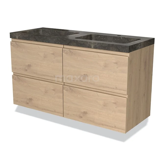 Oak bathroom unit with dark marble worktop, modern look and integrated vanity units with basin, ideal for luxury bathrooms.