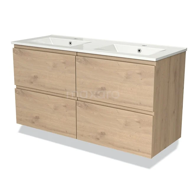 Wooden bathroom unit with double basin in white, 4 drawers and sturdy design, ideal for modern bathrooms.