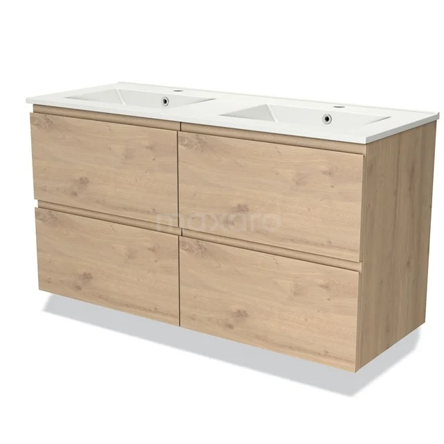 Modern bathroom furniture set with double basin, wood-look finish and four spacious drawers, perfect for stylish bathrooms.
