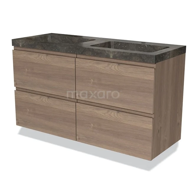 Wooden bathroom unit with four drawers and a marble basin worktop in dark grey, ideal for modern bathrooms.