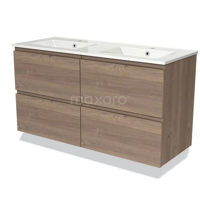 Houten badkamermeubel met dubbele wastafel, moderne eiken afwerking en vier soft-close lades voor georganiseerde opbergruimte.