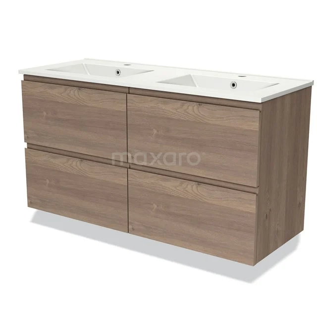 Wooden bathroom unit with two white vanity units with basins, modern design with four drawers for storage space.