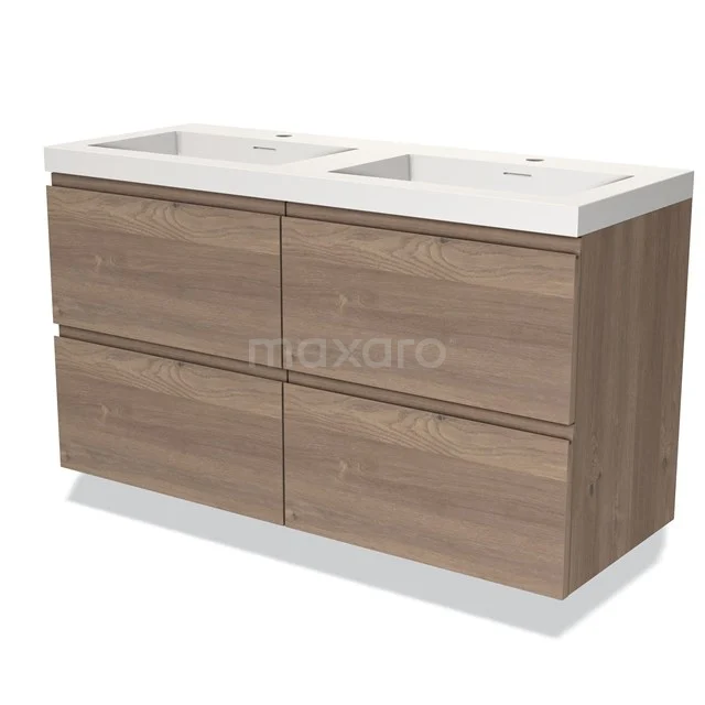 Houten badkamermeubel met dubbele wastafel, vier lades en een moderne uitstraling, ideaal voor een stijlvolle badkamer.