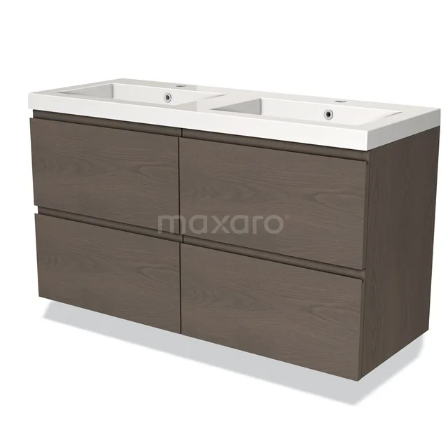 Double basin set with brown wood look, four drawers and white ceramic basin; clean and modern design.