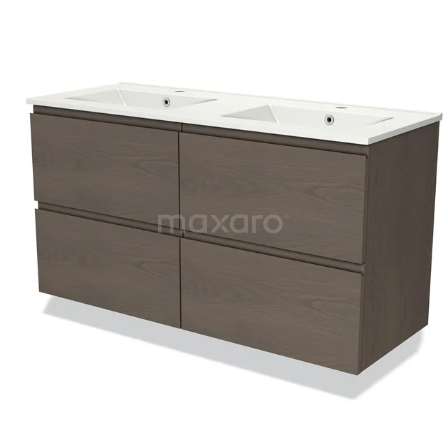 Doppelwaschbecken mit Holzlook-Unterschrank, moderne Badmöbelset mit vier Schubladen und weißen keramischen Waschbecken.