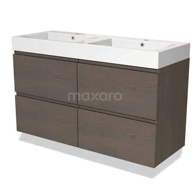 Badmöbel 120cm Modulo dunkelbraune Eiche 4 Schubladen griffloses Waschbecken Mineralguss BMW18-00845 Holz Badezimmermöbel mit Doppelwaschbecken, dunkelbraun, modernes Design, ideal für stilvolle und praktische Bäder.