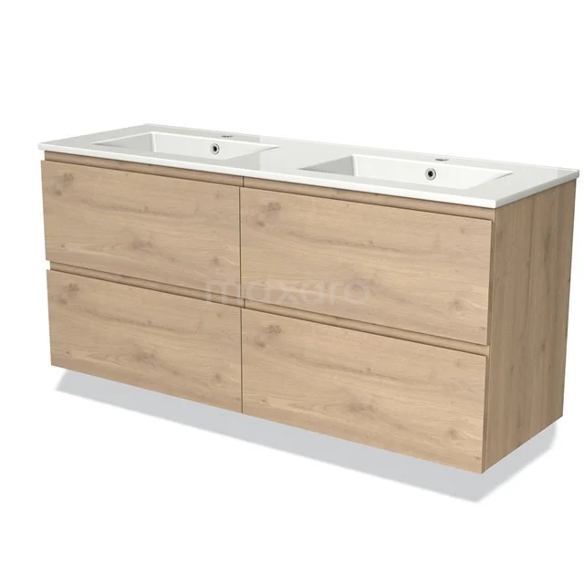 Wooden bathroom unit with vanity units with double basin, light oak colour and four spacious drawers, ideal for modern bathroom design.
