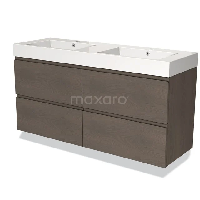Bruine badkamermeubelset met dubbele wastafel, moderne uitstraling, strakke lades en duurzaam MDF-materiaal.