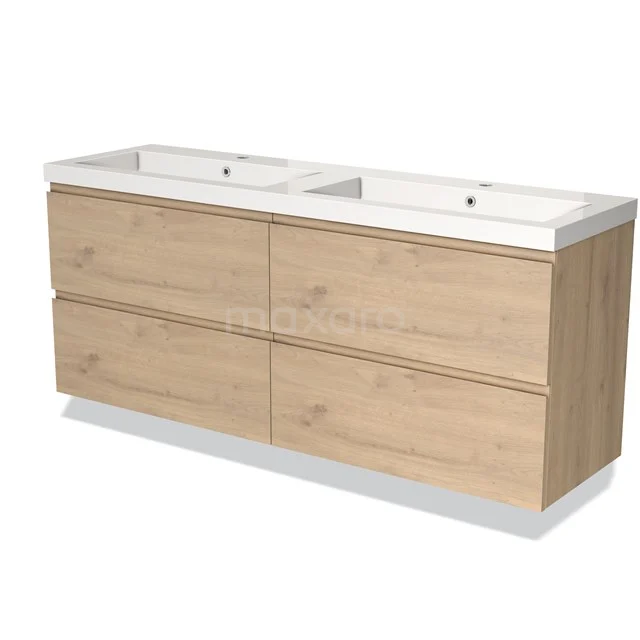 Holz Badezimmermöbel mit Doppelwaschbecken, heller Eiche Farbe, modernes Design und vier Schubladen für praktischen Stauraum.
