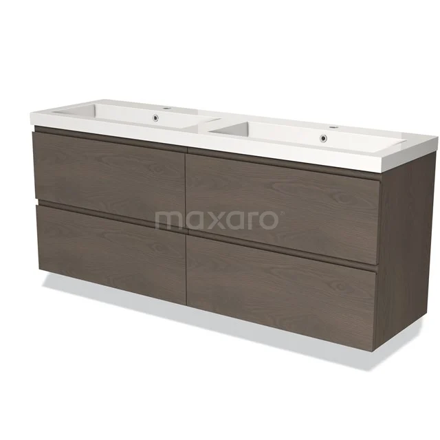 Modulo Bathroom furniture with sink | 160 cm Dark brown oak Handle-less front Mineral marble 4 drawers BMW18-00867 Wooden bathroom unit with double basin, dark brown oak, modern look, suitable for spacious bathrooms.
