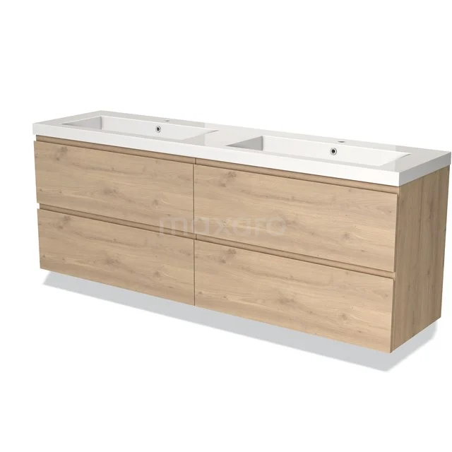 Badmöbel 180cm Modulo Hellbraune Eiche 4 Schubladen Griffloses Waschbecken Mineralguss BMW18-00868 Holz Badezimmermöbel mit Doppelwaschbecken, Eiche-Look, 4 Schubladen für Stauraum, schlichtes und modernes Design.