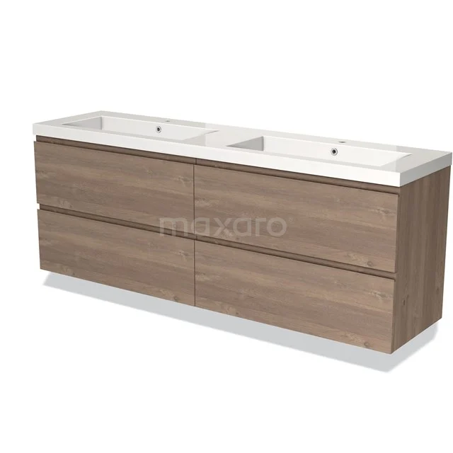 Houten badkamermeubel met dubbele witte wastafel, 4 lades en modern design, ideaal voor stijlvolle en ruime badkamers.